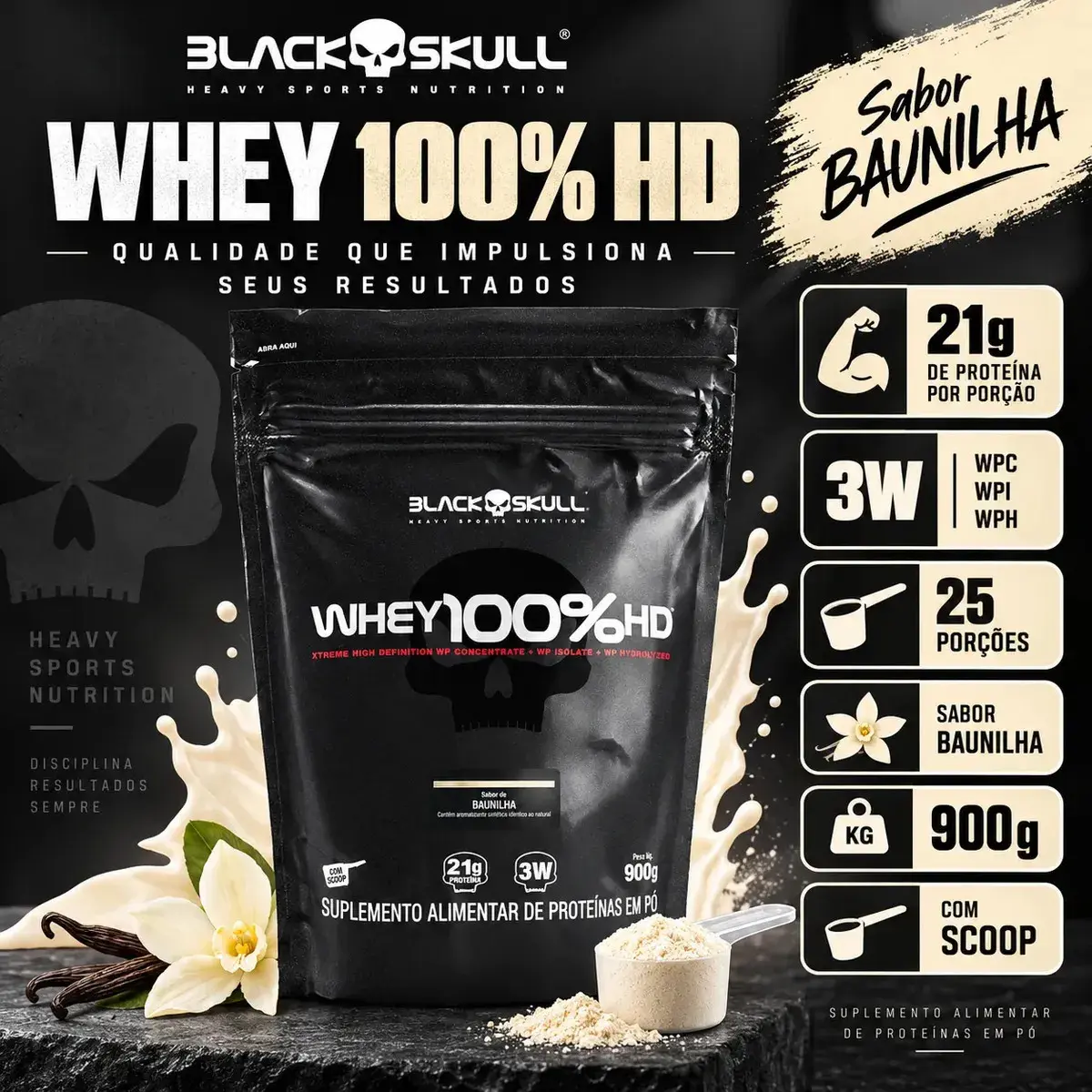 Proteína Black Skull Whey 100% HD em pó sabor Baunilha x 900g thumbnail 3