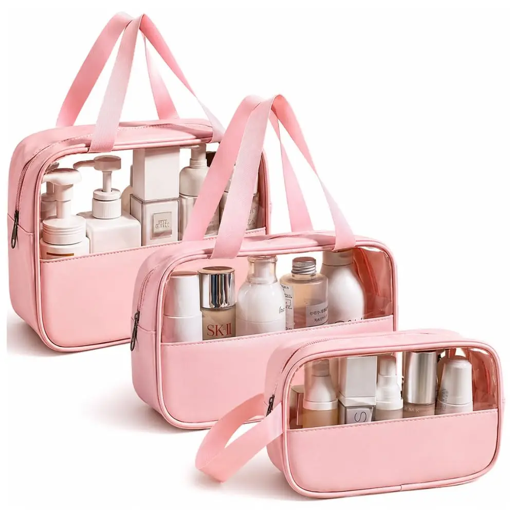 Kit Necessaire 3 em 1 Bolsa de Viagem para Maquiagem e Higiene Pessoal Unissex Washbag Transparente – Grande Capacidade Organizador em PVC Impermeável Ideal para Academia, Mala, Mala de Mão (Rosa)