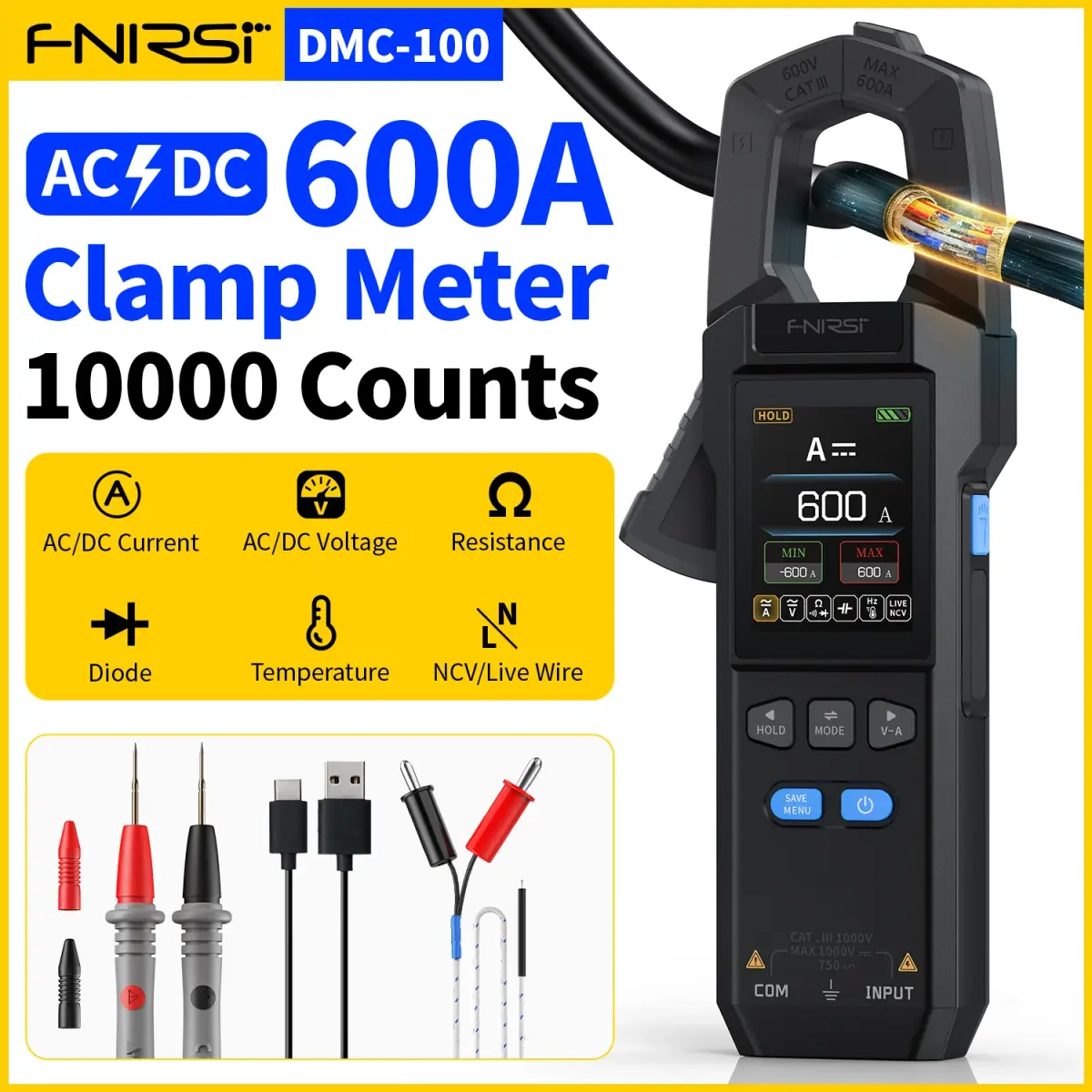 Fnirsi DMC-100 dc ac medidor de corrente braçadeira 10000 contagens multímetro digital 600a braçadeira amperimétrica testador ncv ferramentas eletricistas - 1