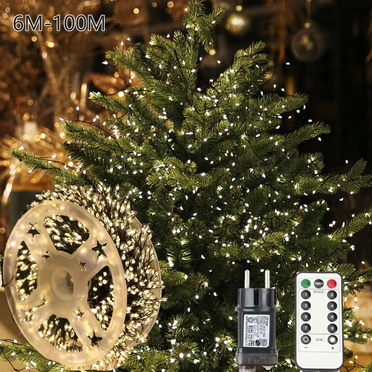 Luzes de Natal em Cordão de 50M-100M, Luzes de Fada Tipo Foguete, Lâmpadas para Árvore de Natal, Decoração para Festa de Ano Novo e Jardim