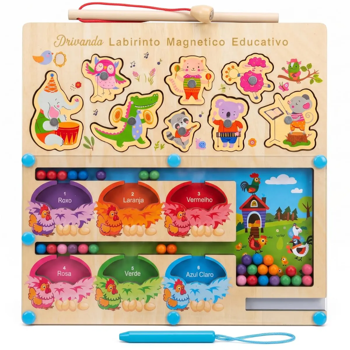 Tabuleiro Educativo Madeira Magnético Cores Números Montessori (Animais Divertidos)