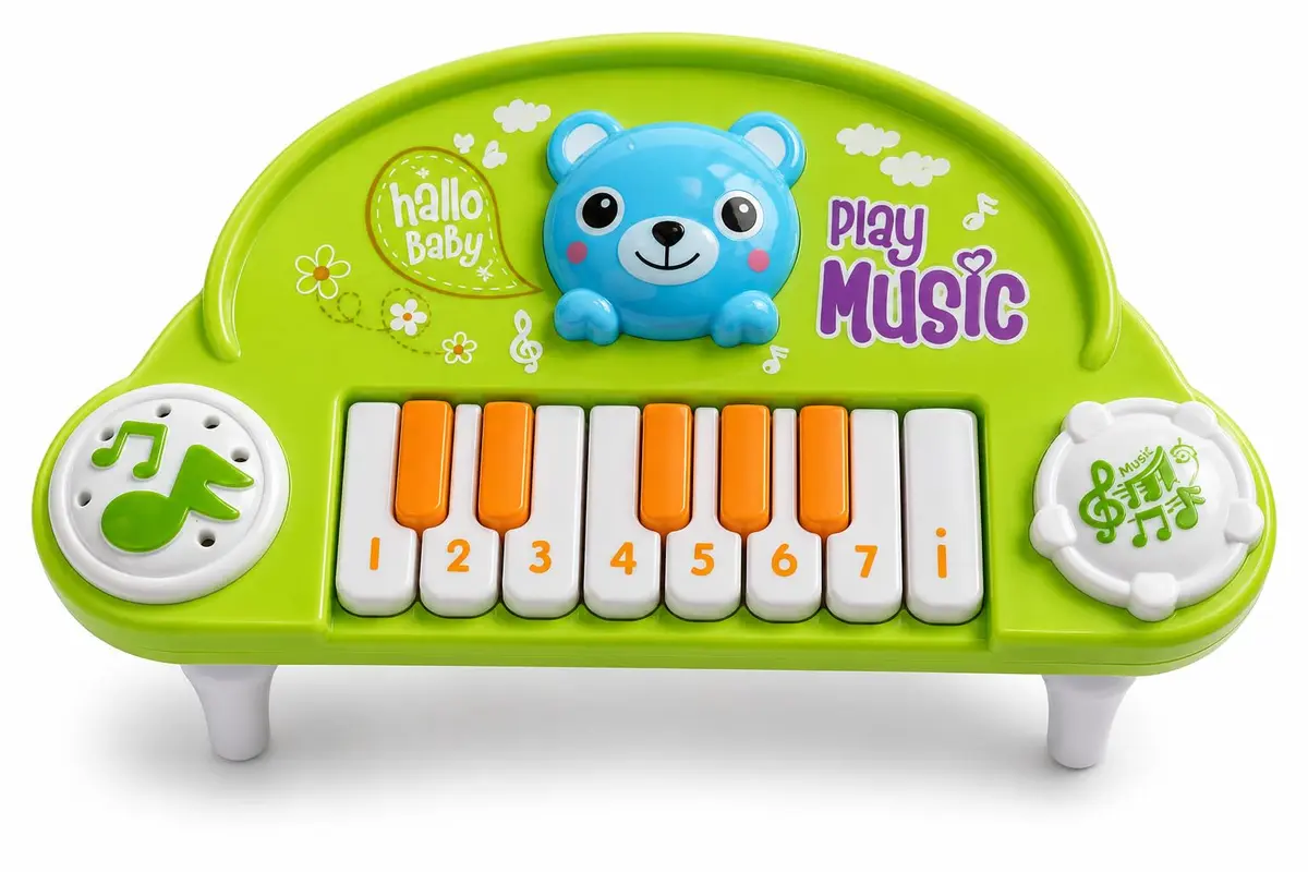 Pianinho Musical com 8 Teclas, Brinquedo Musical com Sons e Melodias, 2 Modos de Reprodução, Instrumento Educativo com Animais, Verde