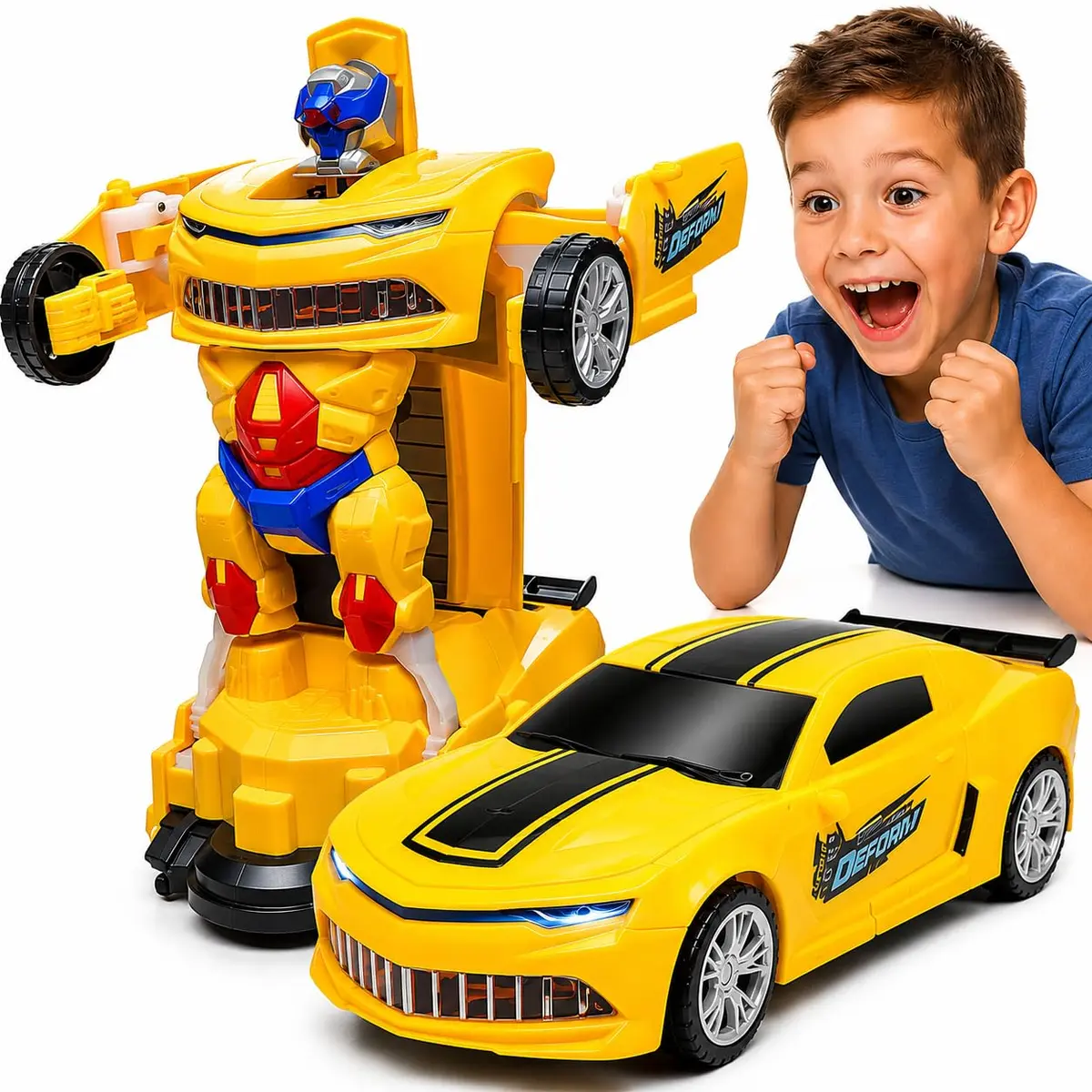 Carrinho Vira Robô Transformável Infantil com Luz e Som Carro Camaro Amarelo Automático que se Transforma Brinquedo Divertido Presente Menino Criativo Pilhas Premium