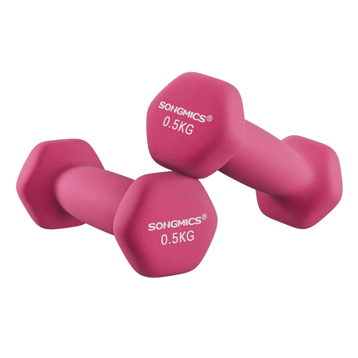 SONGMICS Conjunto de 2 Halteres Hexagonais, 2 x 0,5 kg | Pesos de Mão, com Revestimento de Neoprene, Exercício de Treino em Casa, Rosa Neon, Coleção Stefan SYL61PK