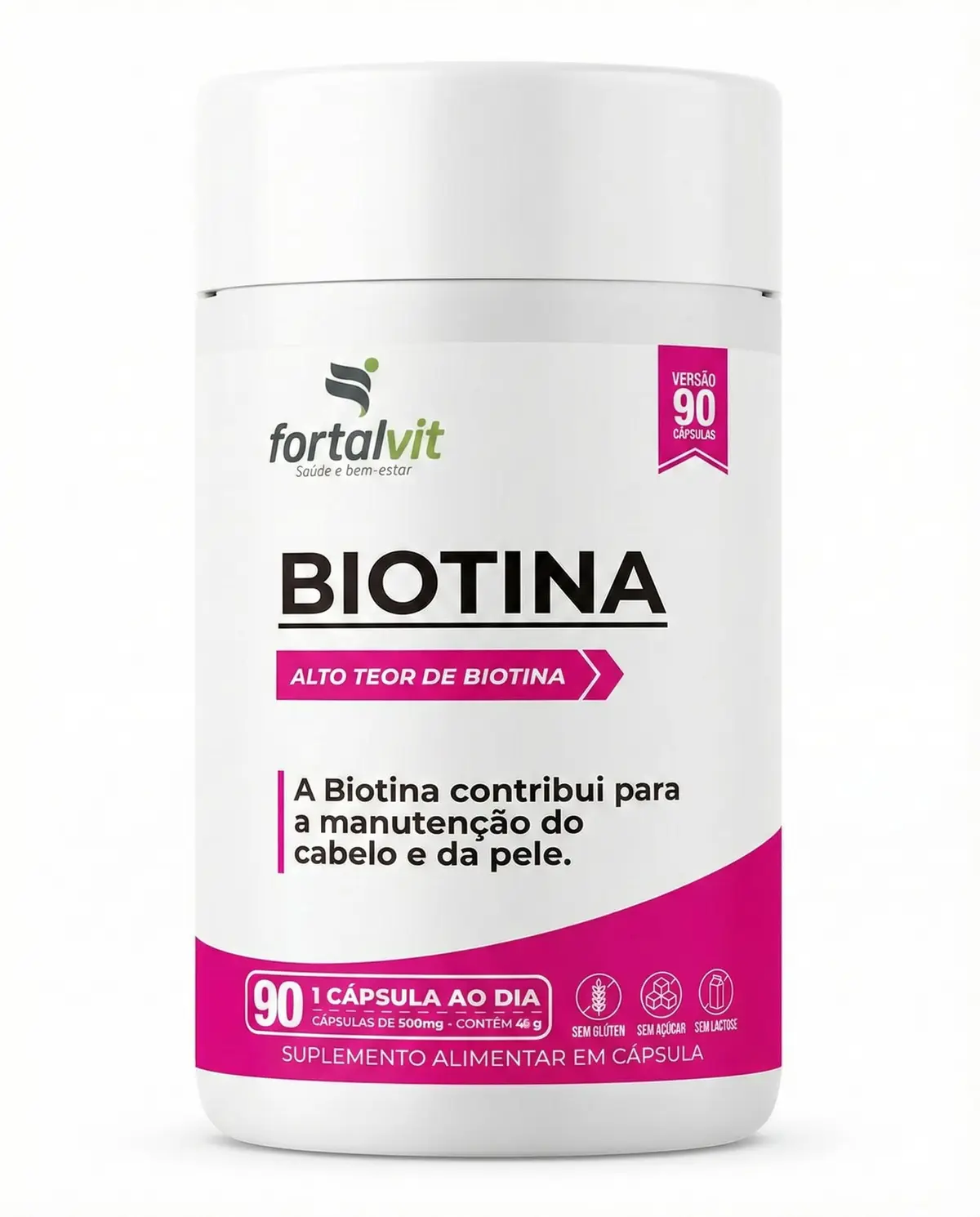 Biotina Pura 45mcg (150% VD) Dose Máxima, 90 Cápsulas, 3 Meses de Uso, Longa Duração, Suporte à Manutenção de Cabelo, Pele e Unhas, Fortalvit - 1