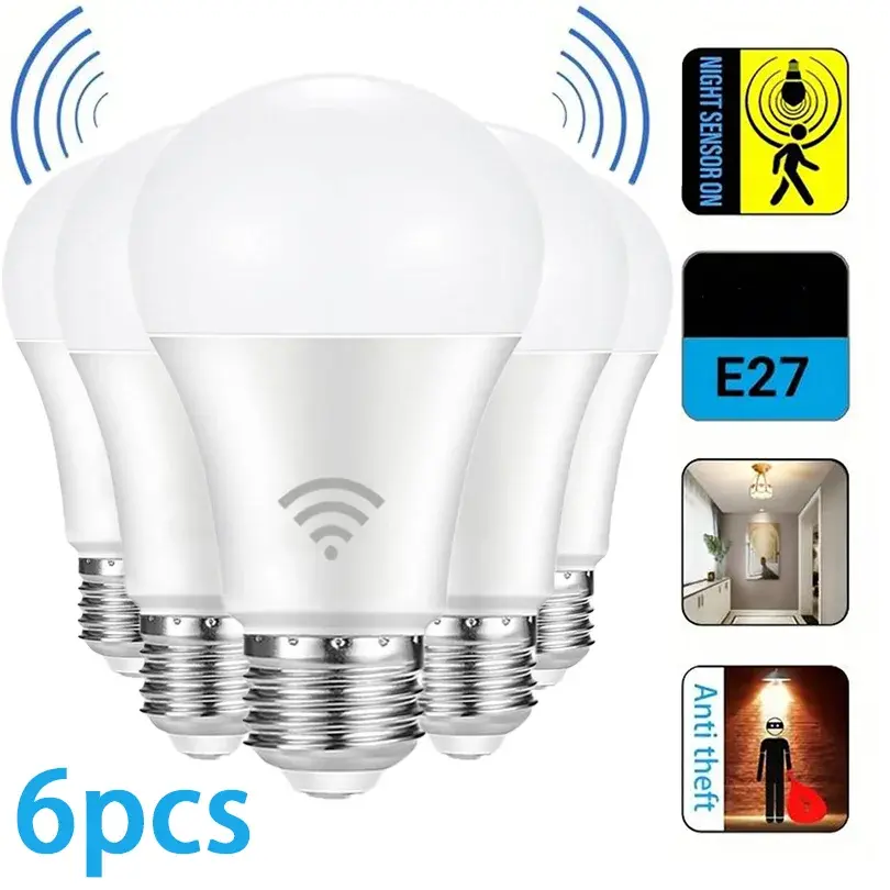 Lâmpada led com sensor de movimento radar, 6 peças, 220v, 110v, e27, lâmpada infravermelha inteligente, 6w, 9w, 12w, 15w, 18w, 20w, trabalhando na escuridão noturna