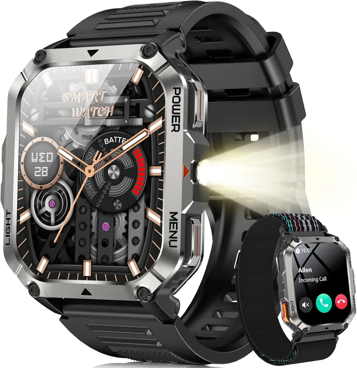 IOWODO Relógio Militar Smartwatch Masculino 2.01" - Lanterna LED, Bússola, Chamadas Bluetooth, 100+ Modos Esportivos, Bateria 20 Dias, IP68 - iPhone/Android