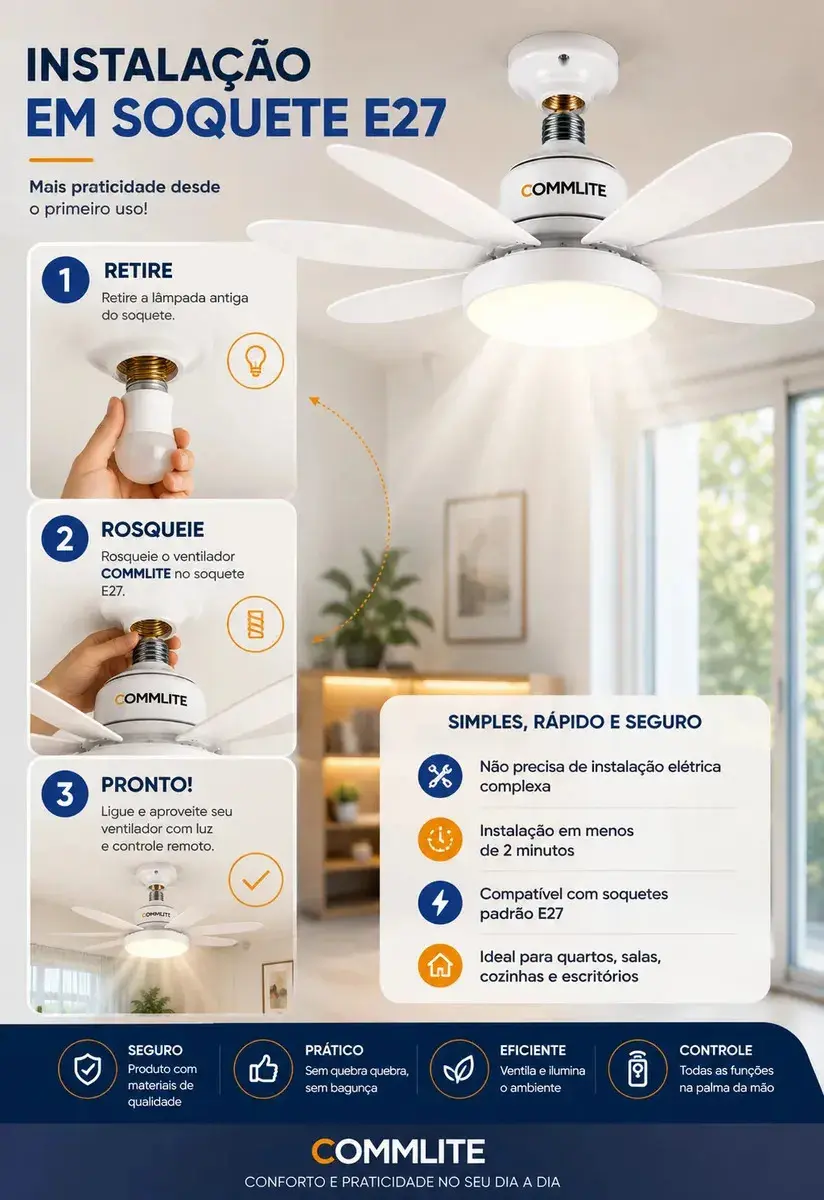 Ventilador de Teto 60W Silencioso Lâmpada Forte com LED, Controle e 6 Pás Soquete E27 Para Residencial Comercial Interno Externo Quarto Sala Cozinha Escritório Gourmet Apartamento Casa - Commlite thumbnail 2