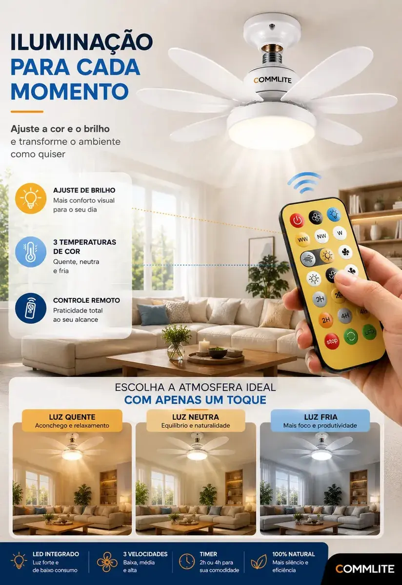 Ventilador de Teto 60W Silencioso Lâmpada Forte com LED, Controle e 6 Pás Soquete E27 Para Residencial Comercial Interno Externo Quarto Sala Cozinha Escritório Gourmet Apartamento Casa - Commlite thumbnail 3