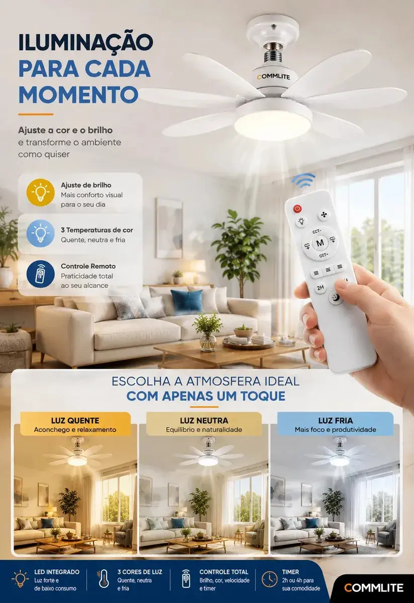Ventilador de Teto 60W Silencioso Lâmpada Forte com LED, Controle e 6 Pás Soquete E27 Para Residencial Comercial Interno Externo Quarto Sala Cozinha Escritório Gourmet Apartamento Casa - Commlite thumbnail 4