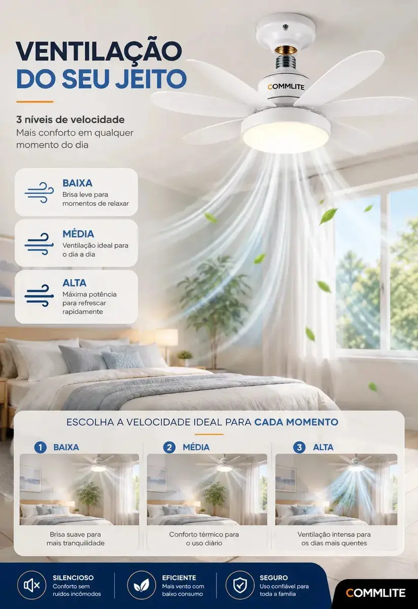 Ventilador de Teto 60W Silencioso Lâmpada Forte com LED, Controle e 6 Pás Soquete E27 Para Residencial Comercial Interno Externo Quarto Sala Cozinha Escritório Gourmet Apartamento Casa - Commlite thumbnail 5