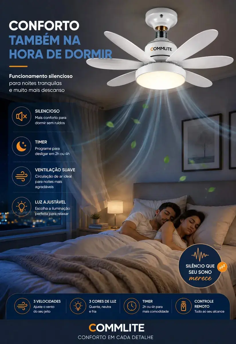 Ventilador de Teto 60W Silencioso Lâmpada Forte com LED, Controle e 6 Pás Soquete E27 Para Residencial Comercial Interno Externo Quarto Sala Cozinha Escritório Gourmet Apartamento Casa - Commlite thumbnail 6