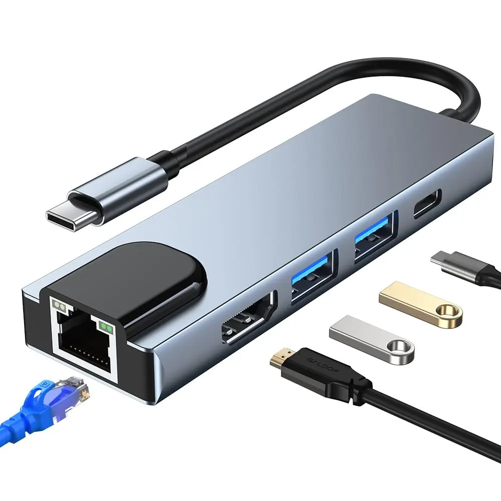 Hub Adaptador Dockstation 5 Em 1 USB Tipo C Multiportas RJ45 HDMI Lan Ethernet USB 3.0 USB 2.0 Compatível com MacBook, Pro, Air M1 M2 M3 (HUB 5 em 1 - Rede Lan) - 1