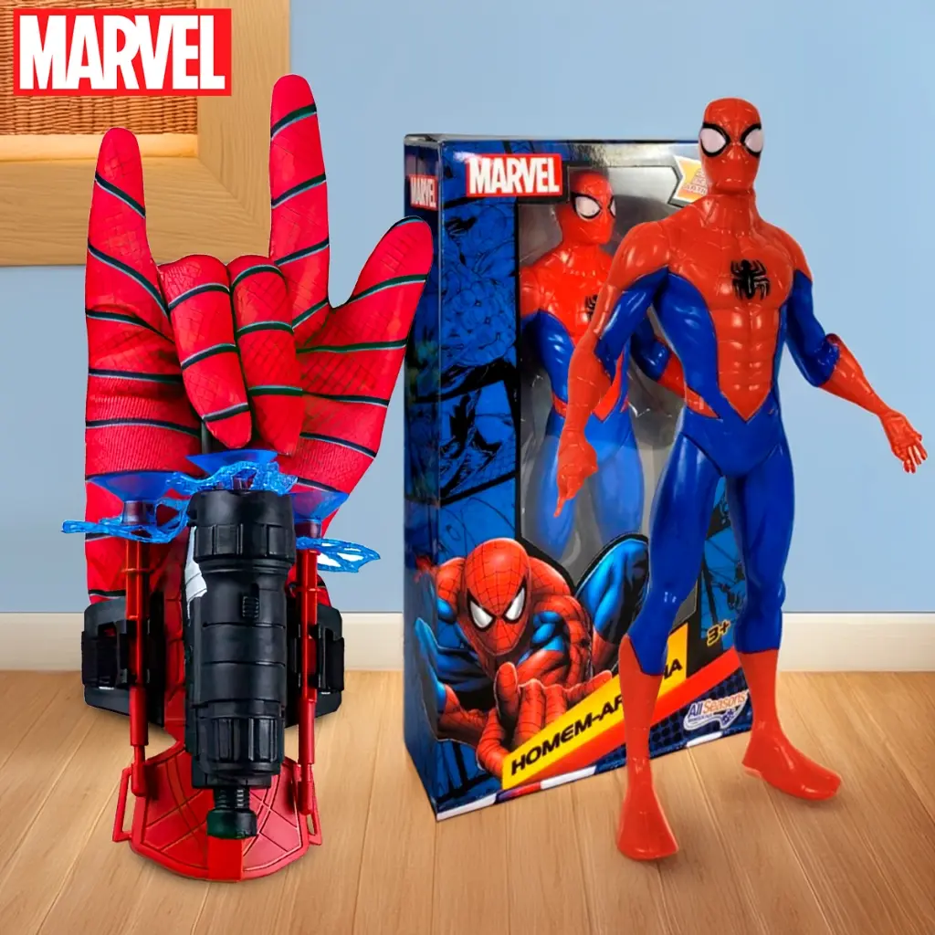 Kit Boneco Homem Aranha + Luva Lançador de Teia Dardos Brinquedo Infantil Presente Dia das Crianças - 1
