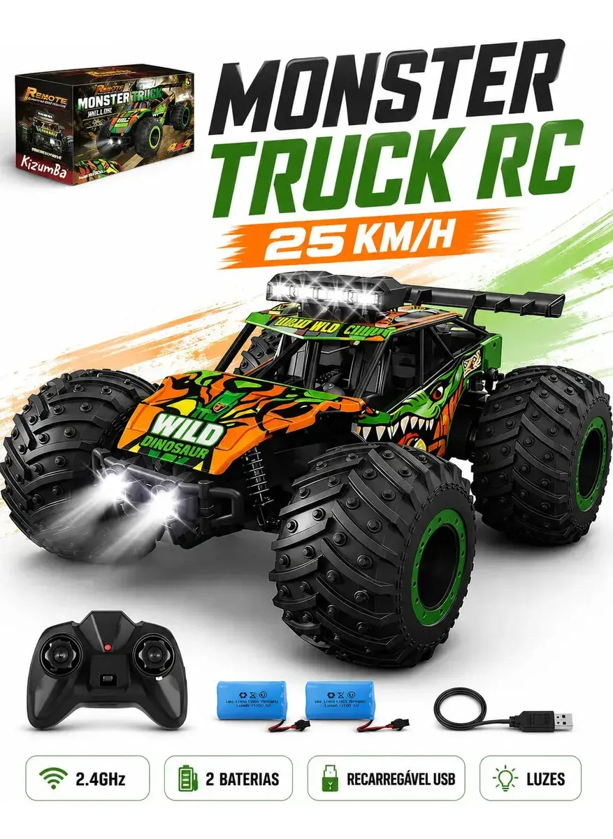 Carrinho Controle Remoto 2.4Ghz Off Road Monster Truck Alta Velocidade 25km/h Resistente Super Rápido Recarregavel Com 2 Baterias Kizumba - 1