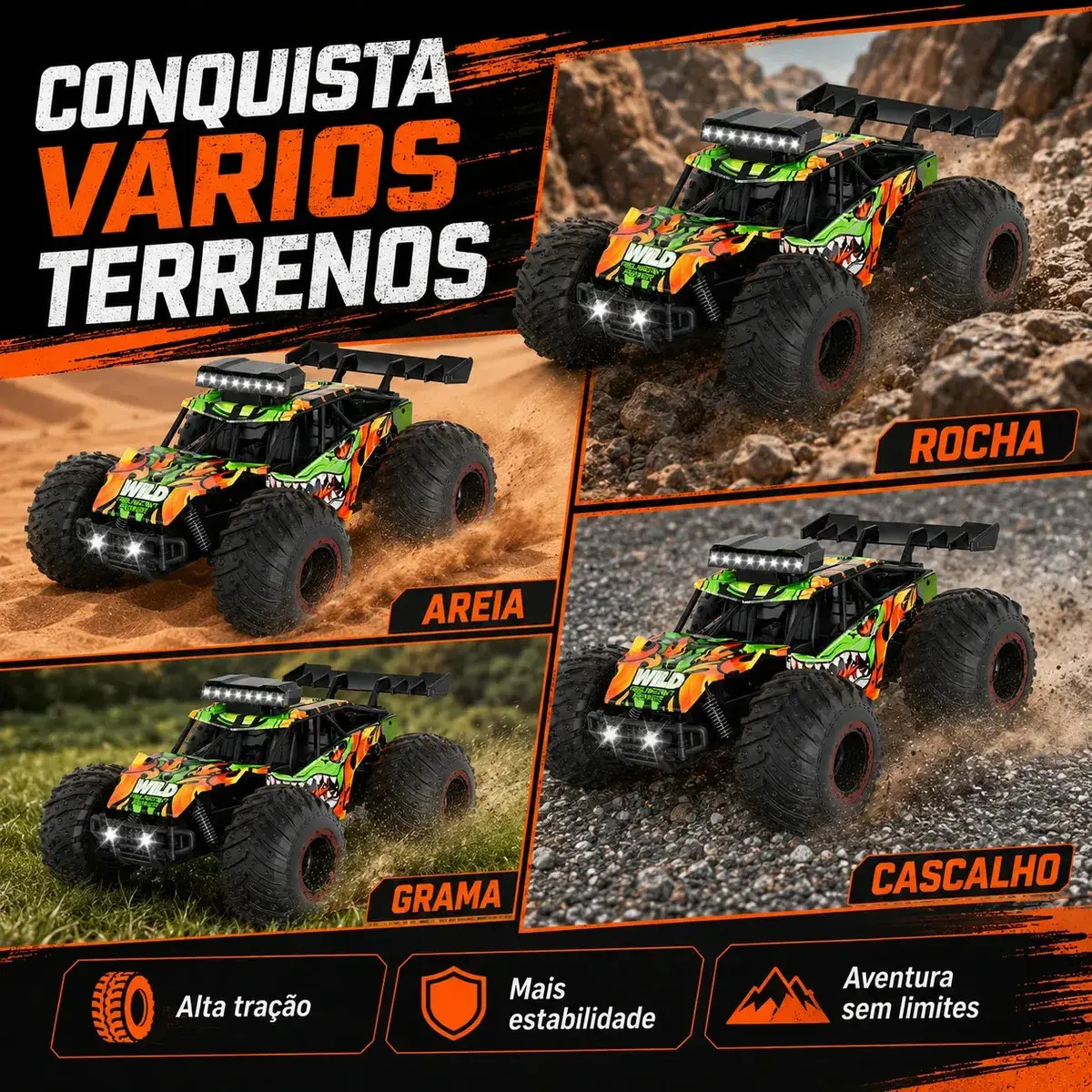 Carrinho Controle Remoto 2.4Ghz Off Road Monster Truck Alta Velocidade 25km/h Resistente Super Rápido Recarregavel Com 2 Baterias Kizumba thumbnail 3