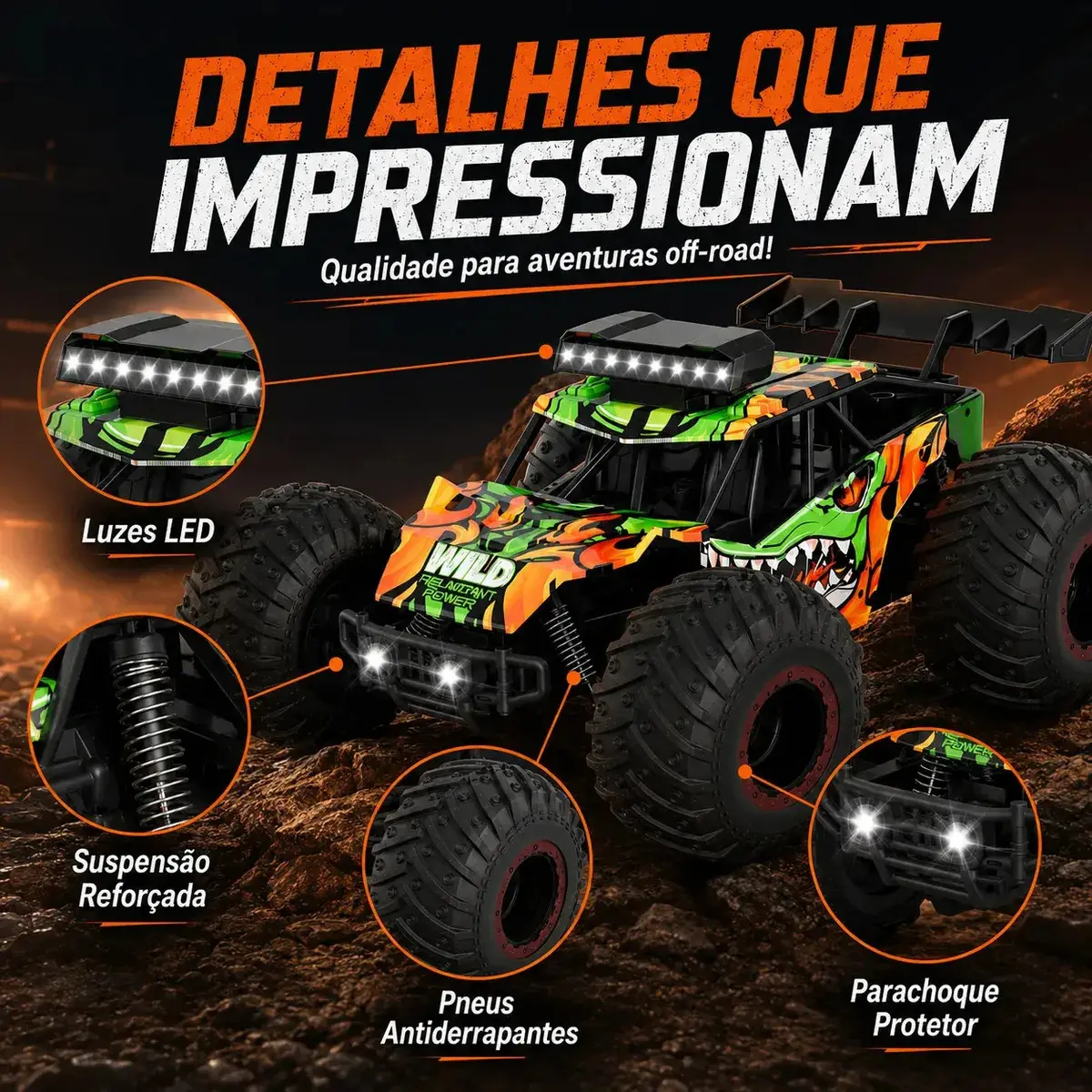 Carrinho Controle Remoto 2.4Ghz Off Road Monster Truck Alta Velocidade 25km/h Resistente Super Rápido Recarregavel Com 2 Baterias Kizumba thumbnail 4