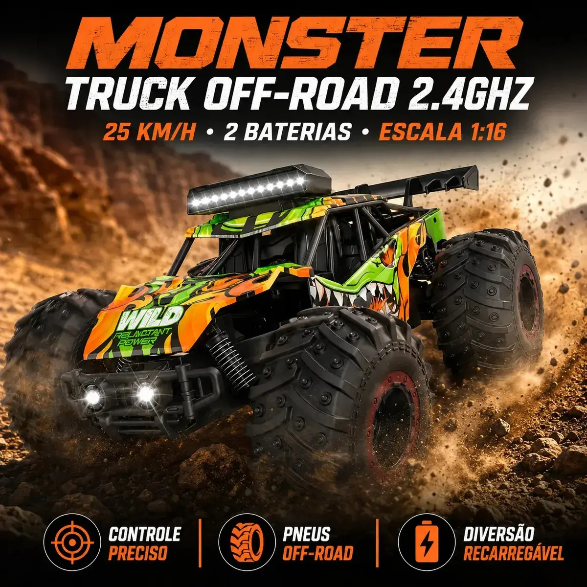 Carrinho Controle Remoto 2.4Ghz Off Road Monster Truck Alta Velocidade 25km/h Resistente Super Rápido Recarregavel Com 2 Baterias Kizumba thumbnail 5