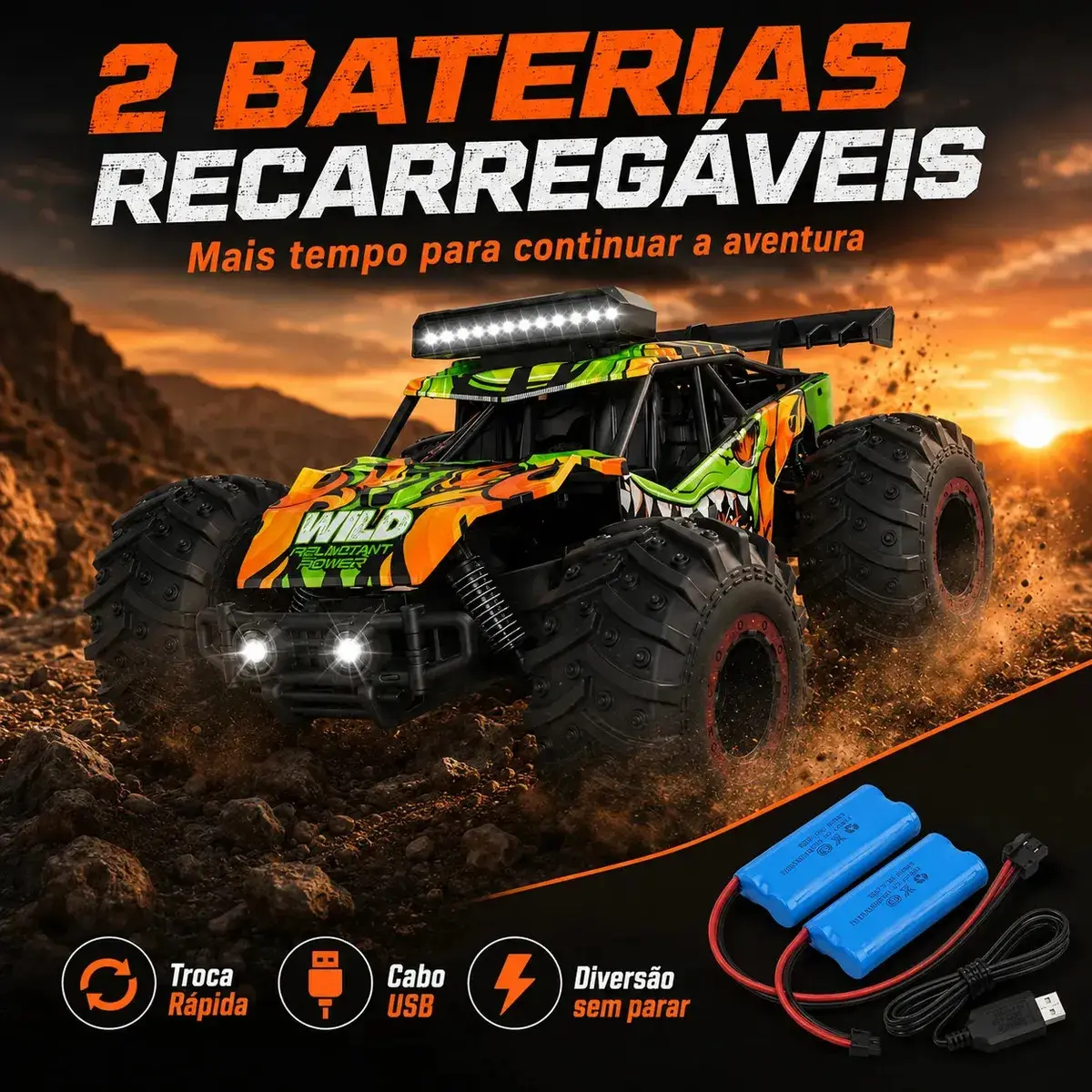 Carrinho Controle Remoto 2.4Ghz Off Road Monster Truck Alta Velocidade 25km/h Resistente Super Rápido Recarregavel Com 2 Baterias Kizumba thumbnail 6