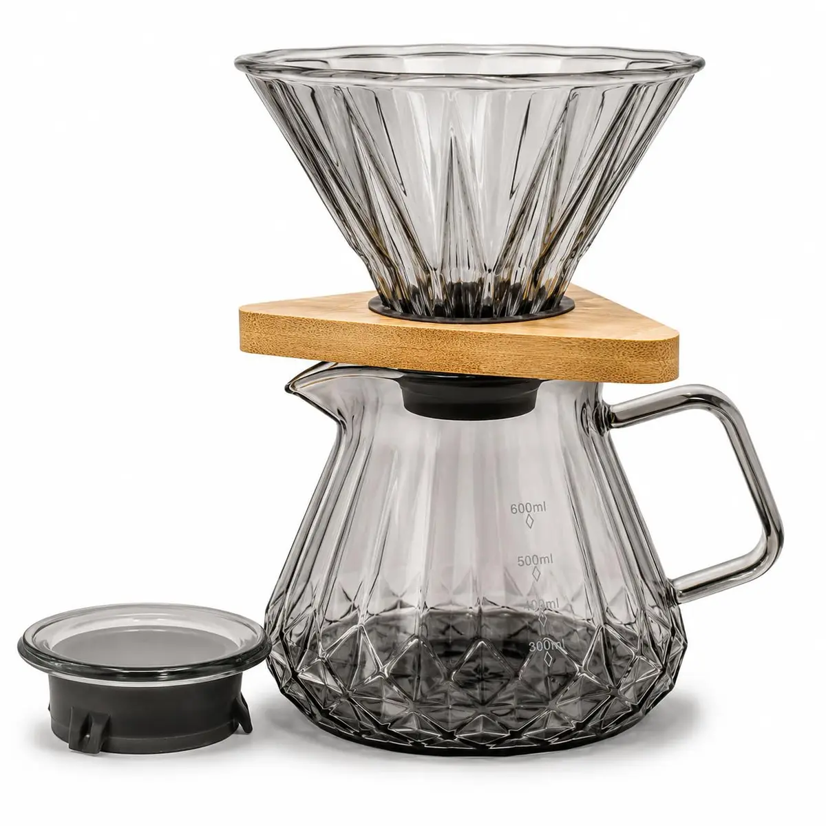 Kit para Café V60 com Jarra 600ml Borosilicato e Suporte de Madeira | Suporte Triangular de Madeira, Coador de Vidro V60, Tampa Inclusa, Marcações de Volume, Alça e Bico Vertedor