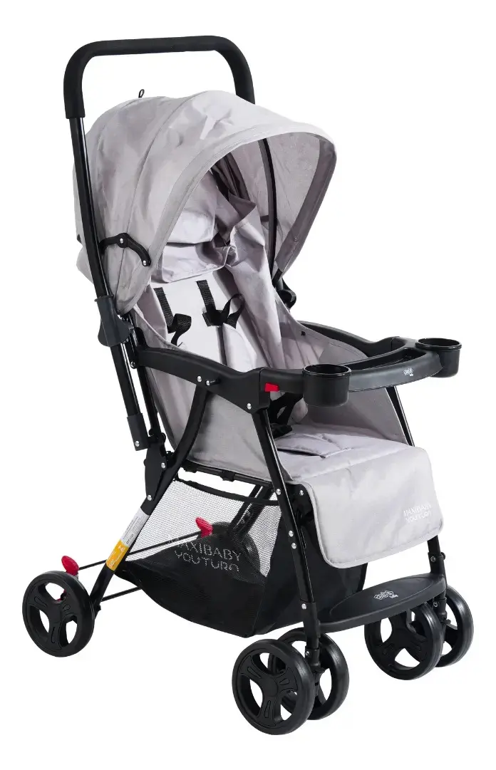 Carrinho de Bebê Maxi Baby Youturn Cinza Alça Reversível Dobrável Compacto até 15kg Recém-Nascido a 3 Anos Cinto 5 Pontos Capota Retrátil Bandeja Removível 4 Rodas Passeio