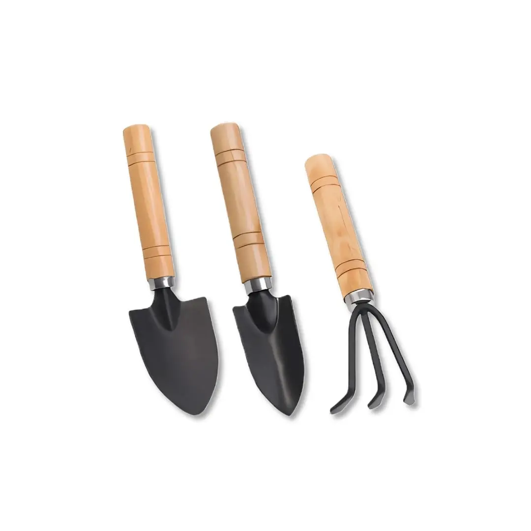 Kit Ferramentas de Jardinagem 3 Peças – Madeira e Aço Resistente para Vasos, Hortas e Canteiros