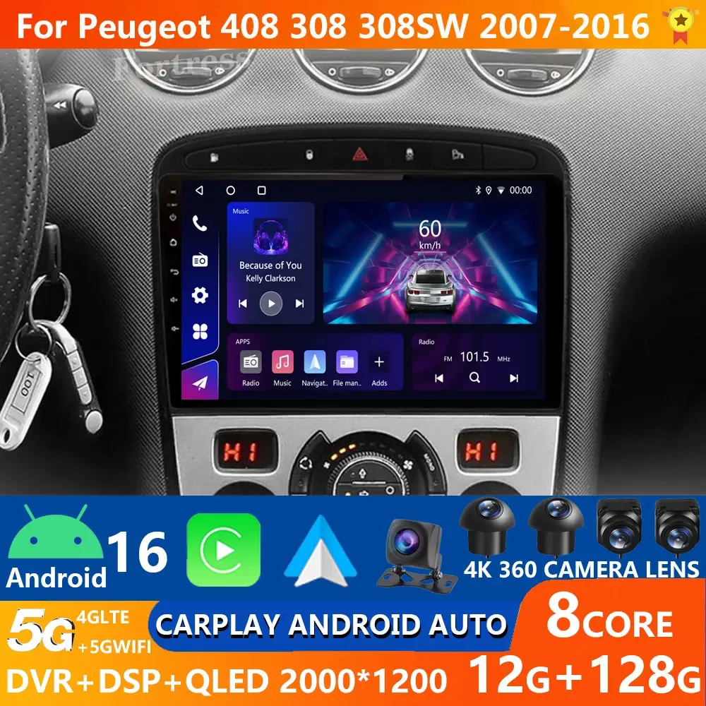 Android 16 para peugeot 308 308sw 408 2012-2020 2k qled estéreo rádio do carro reprodutor de vídeo multimídia gps ai voz carplay 4g dsp - 1
