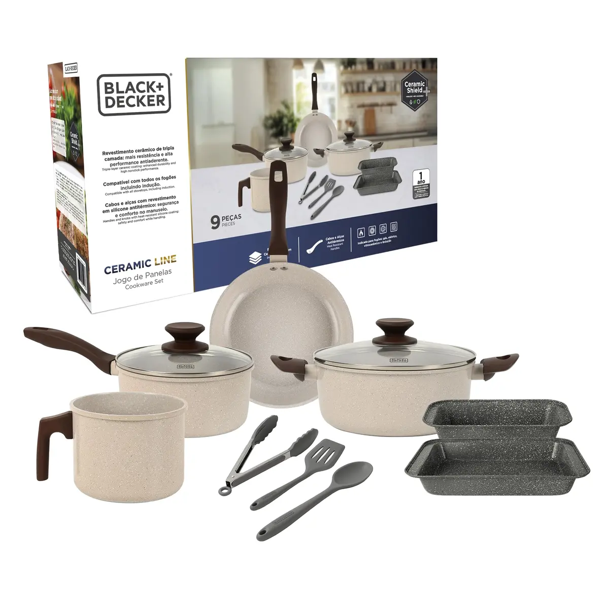 BLACK+DECKER JOGO DE PANELAS 9 PEÇAS CERAMIC LINE - CORPO COM REVESTIMENTO CERÂMICO ANTIADERENTE COM ACABAMENTO MARMORIZADO BLACK, BASE COMPATÍVEL COM INDUÇÃO