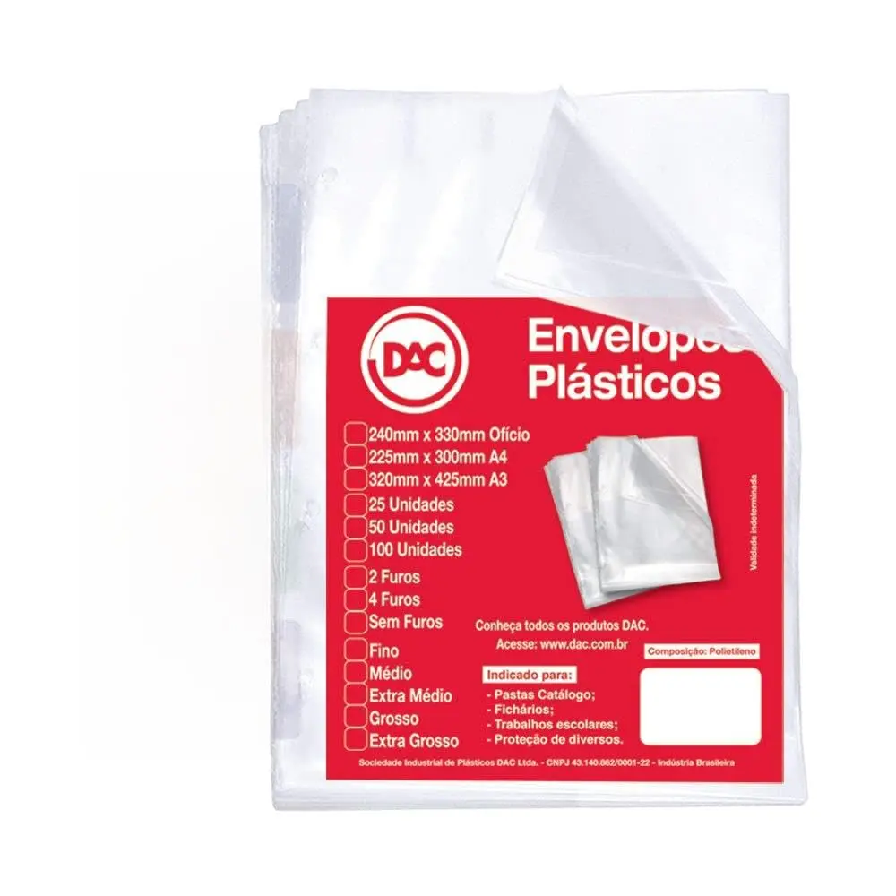 Blister 100 Envelopes A4 Extra Grosso 4 Furos, Dac, Blister 100 Envelopes A4 Extra Grosso 4 Furos 5088A4-100, Transparente, 5088A4-100