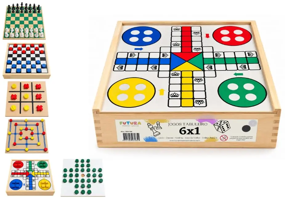 Conjunto de Jogos Tabuleiro 6x1 Xadrez Damas Ludo Trilha Velha Resta1