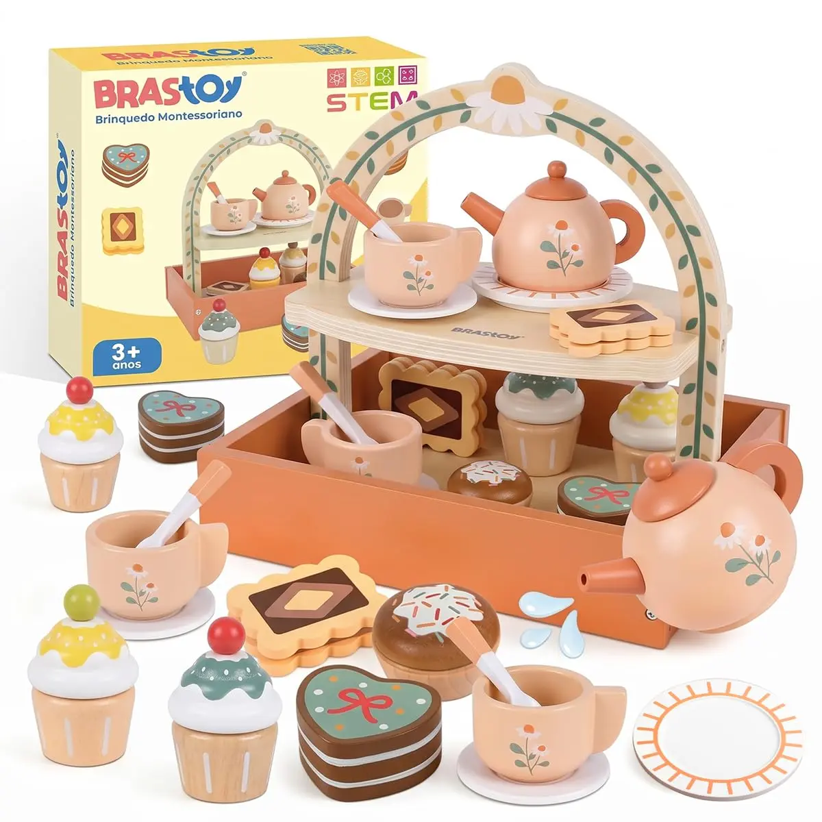 Conjunto de Chá em Madeira com Bolos Brinquedo de Faz-de-conta Infantil | Conjunto de Chá em Madeira, bolos e acessórios de cozinha para faz-de-conta. Presente aniversário para crianças 3 a 6 anos.