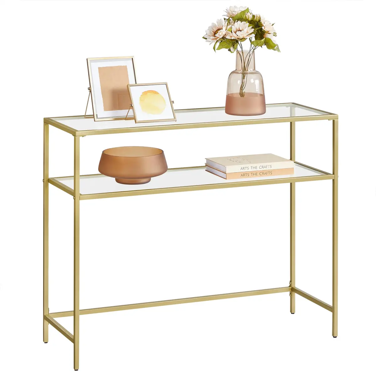 VASAGLE Mesa Consola, Mesa Lateral, Tampo de Vidro Temperado, Mesa de Sofá Moderna, Montagem Fácil, Pés Ajustáveis, para Sala de Estar, Corredor, Dourado Transparente BRLGT025A01