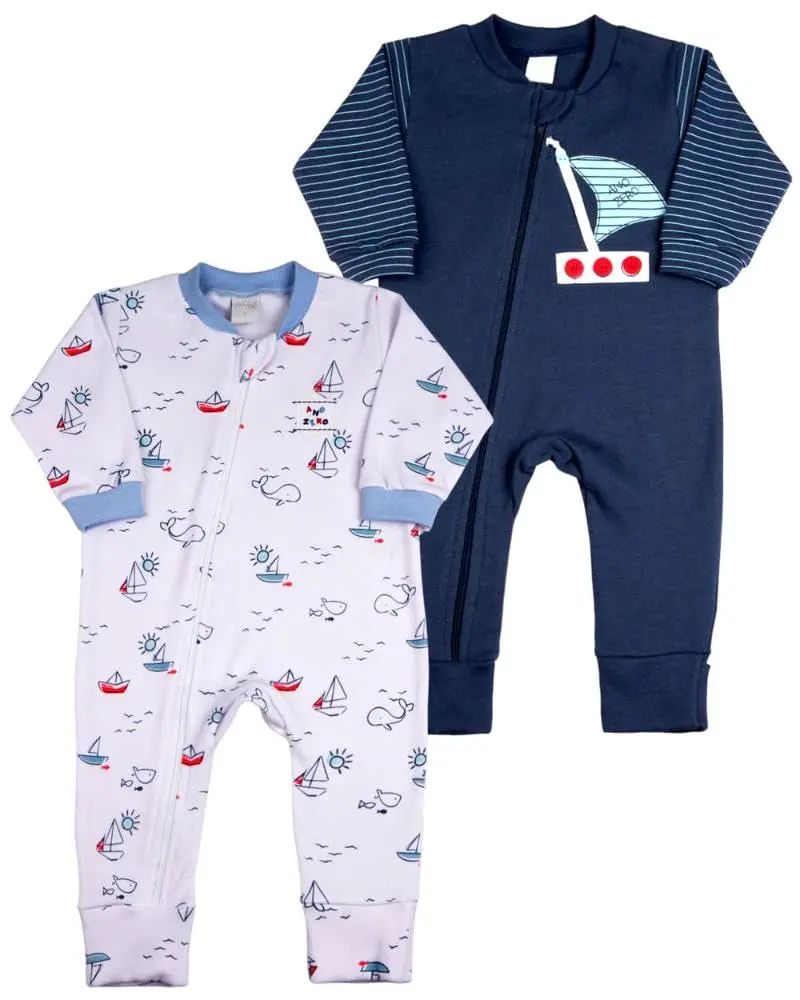 Macacao Bebe Suedine Ziper Menino Estampado e Liso Kit Macacão Suedine Algodao Barquinhos 2 Pecas - Branco