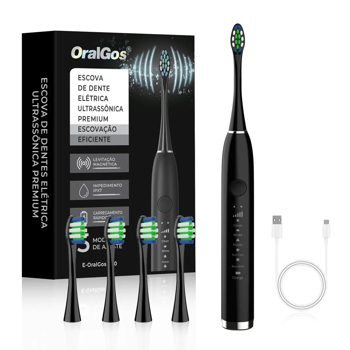 OralGos Escova Dental Elétrica para Adulto, com 4 Cabeças Substituíveis | 5 Modos Ultrassônicos, Limpeza Profunda, Recarregável e Portátil, 1 Unidade