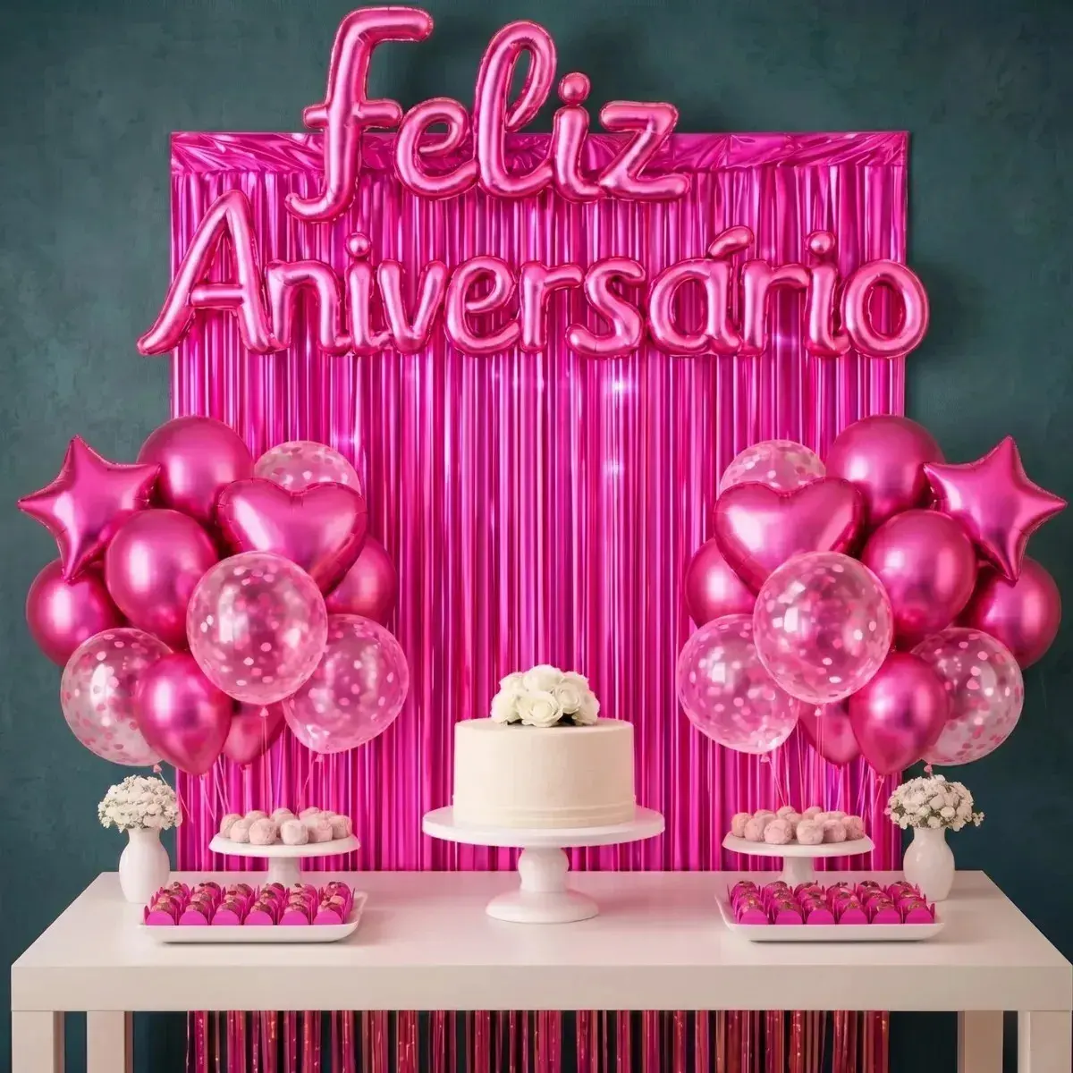 Kit Balão Feliz Aniversário Com 26 Peças Decoração Festa Cortina Letras Bexigas Pink