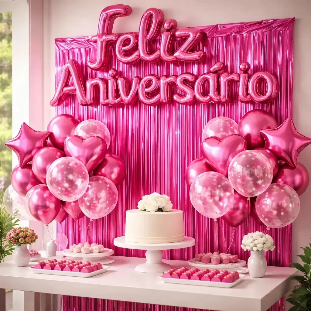Kit Balão Feliz Aniversário Com 26 Peças Decoração Festa Cortina Letras Bexigas Pink thumbnail 3