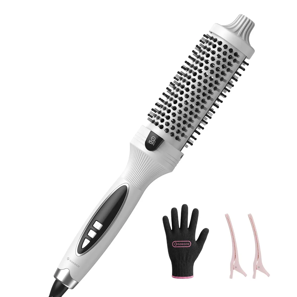 GOKOCO Escova Modeladora Térmica 38 mm com Íons Negativos,Bivolt GD037,9 Temperaturas,Aquecimento Rápido PTC,para Cachos,Ondas e Volume,Escova Styler,Branco
