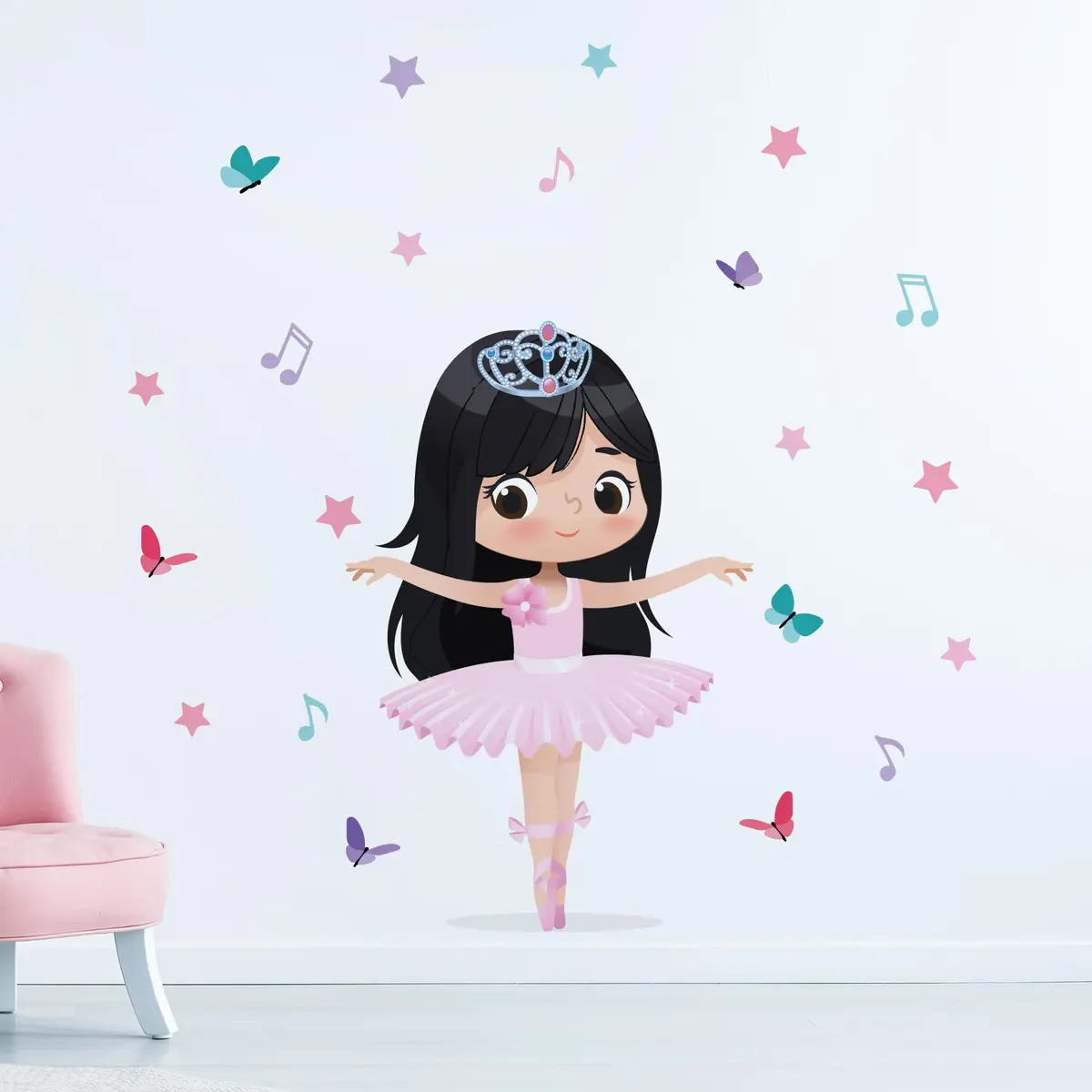 Adesivo de Parede Bailarina para Quarto de Menina (Bailarina Cabelo Preto Longo) - 1