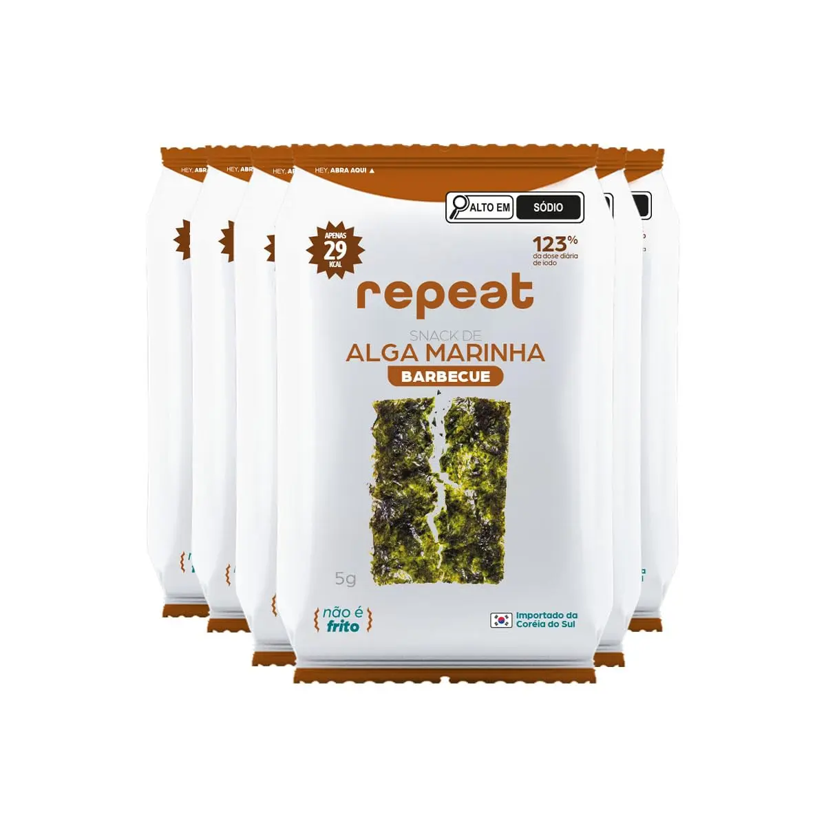 Repeat, Snack Alga Marinha Crocante 5g | Kit com 6 unidades | Low Carb | 25-30kcal por porção | 123% da dose diaria de iodo (Barbecue)