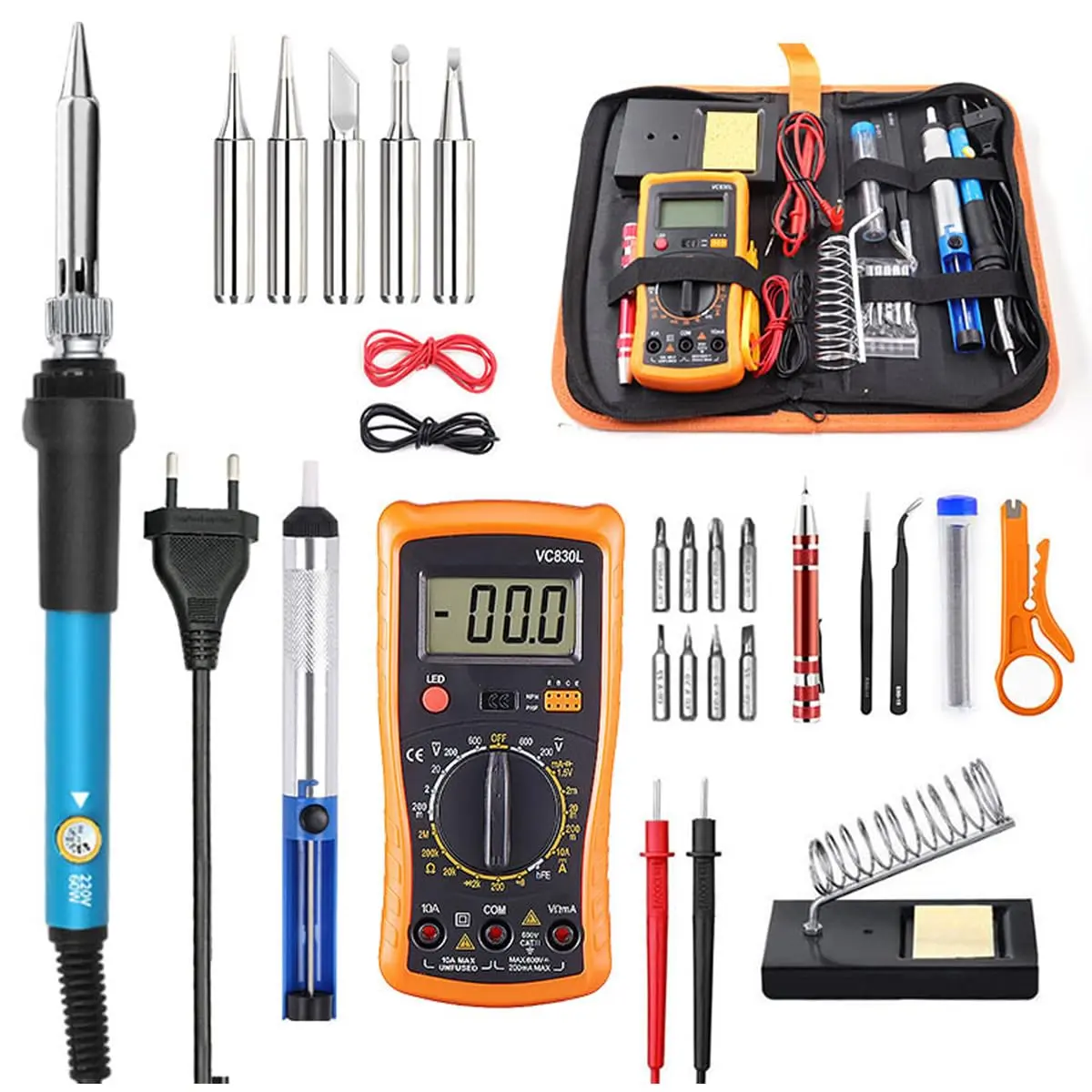 Kit Ferro de Solda 60W Controle de Temperatura 200-450°C 18 Acessórios DIY | Aquecimento Cerâmico Rápido, Bomba Dessoldadora, Suporte e Esponja, Pontas Intercambiáveis, para Reparo Eletrônico e DIY - 1