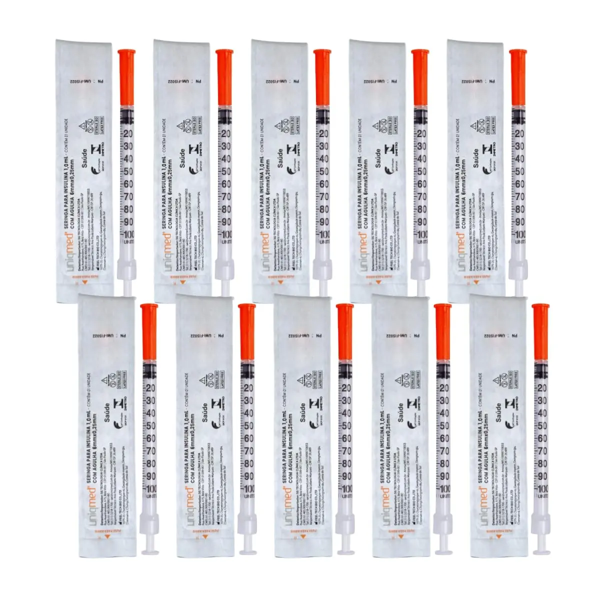 Uniqmed Seringa Insulina 1 mL com Agulha Fixa Fina 31G 6mm x 0,25mm, Blister Individual, Estéril, 10 unidades, Zero Resíduo - 1