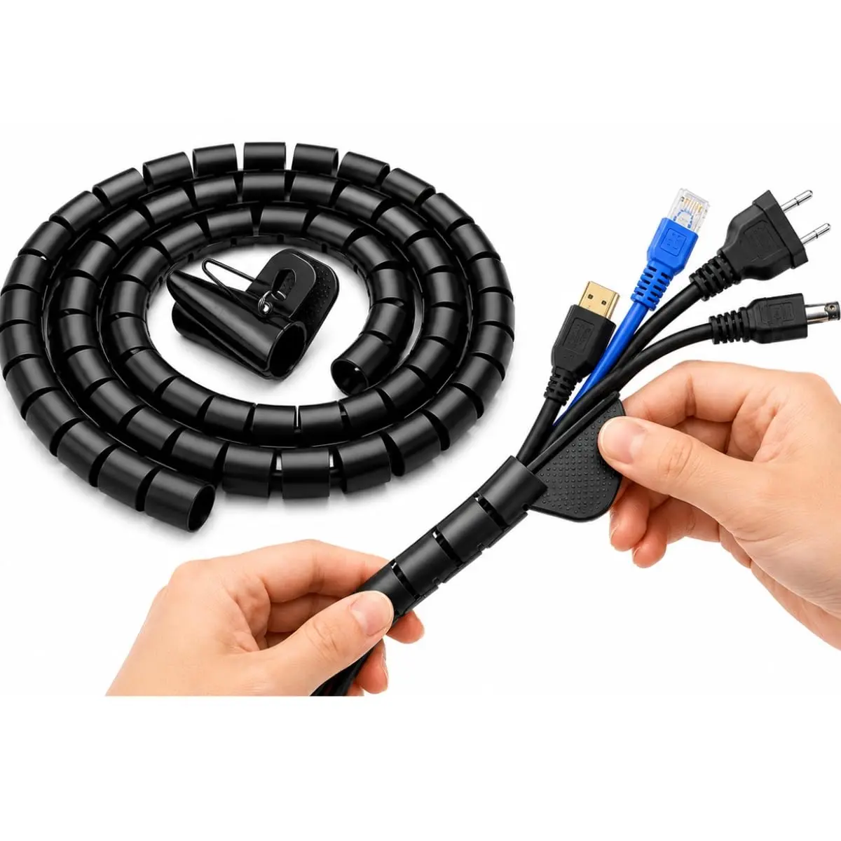 Organizador Cabos e Fios Kit 4m Espiral Flexível com Aplicador Premium | Cor Preto, Ideal para Casas, Escritorios, e Deixar Os Fios Organizados