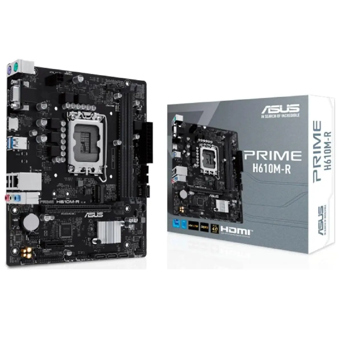 Asus Prime H610M-R Placa Mãe LGA 1700 DDR5 HDMI VGA M.2 USB 3.2 | Placa-mãe LGA 1700 com suporte DDR5, HDMI, VGA e slot M.2 para sistemas modernos e versáteis.
