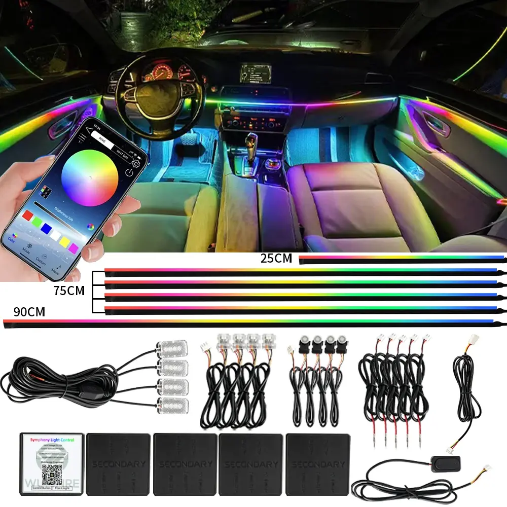 Sinfonia kit de luzes ambientais do carro 18 em 1 led interior rgb controle app acrílico guia luz tira lâmpada atmosfera automática