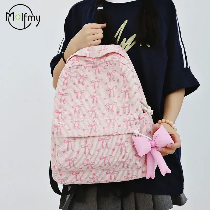 Mochila de Corduroy com Pingente de Laço, Grande Capacidade, Estampa de Laço, Mochila para Estudantes, Bolsa de Viagem para Mulheres, Bolsa para Notebook 2026 - 1