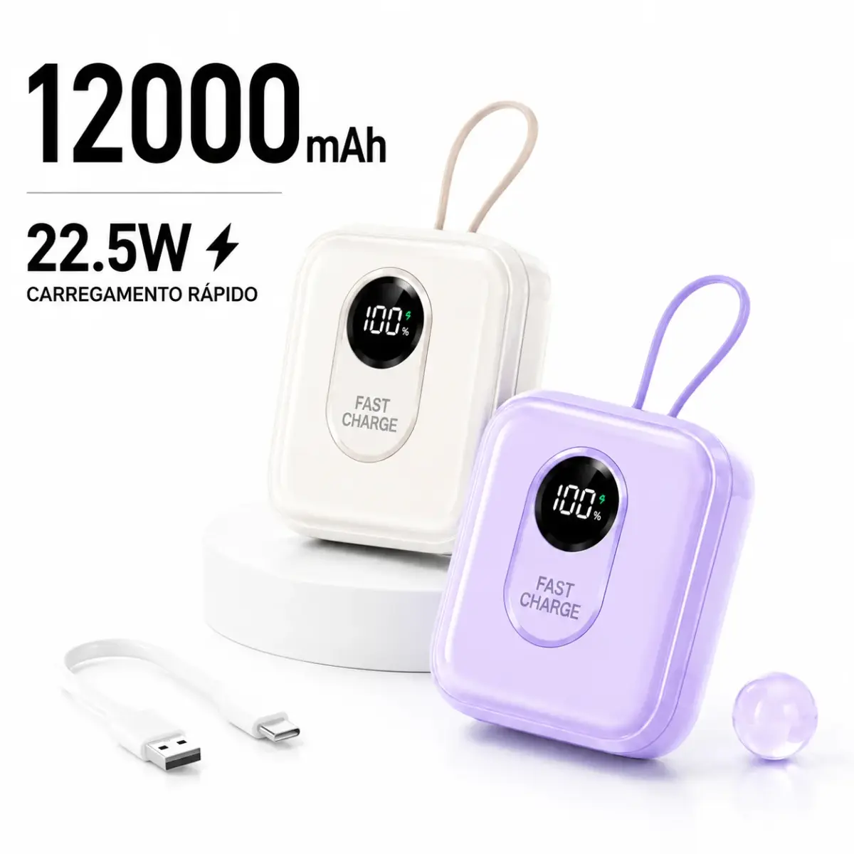 Power Bank 12000mAh Portátil com Cabos Integrados, Display LED, Carregamento Rápido, Bateria Externa para Celular