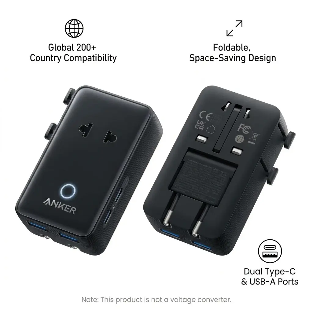 Adaptador de viagem Anker Nano, adaptador de energia com 5 portas, incluindo 1 conector de 2 pinos para tomada CA, 2 portas USB-A e 2 portas USB-C, com controlo inteligente de temperatura de 20 W, modelo A9215.