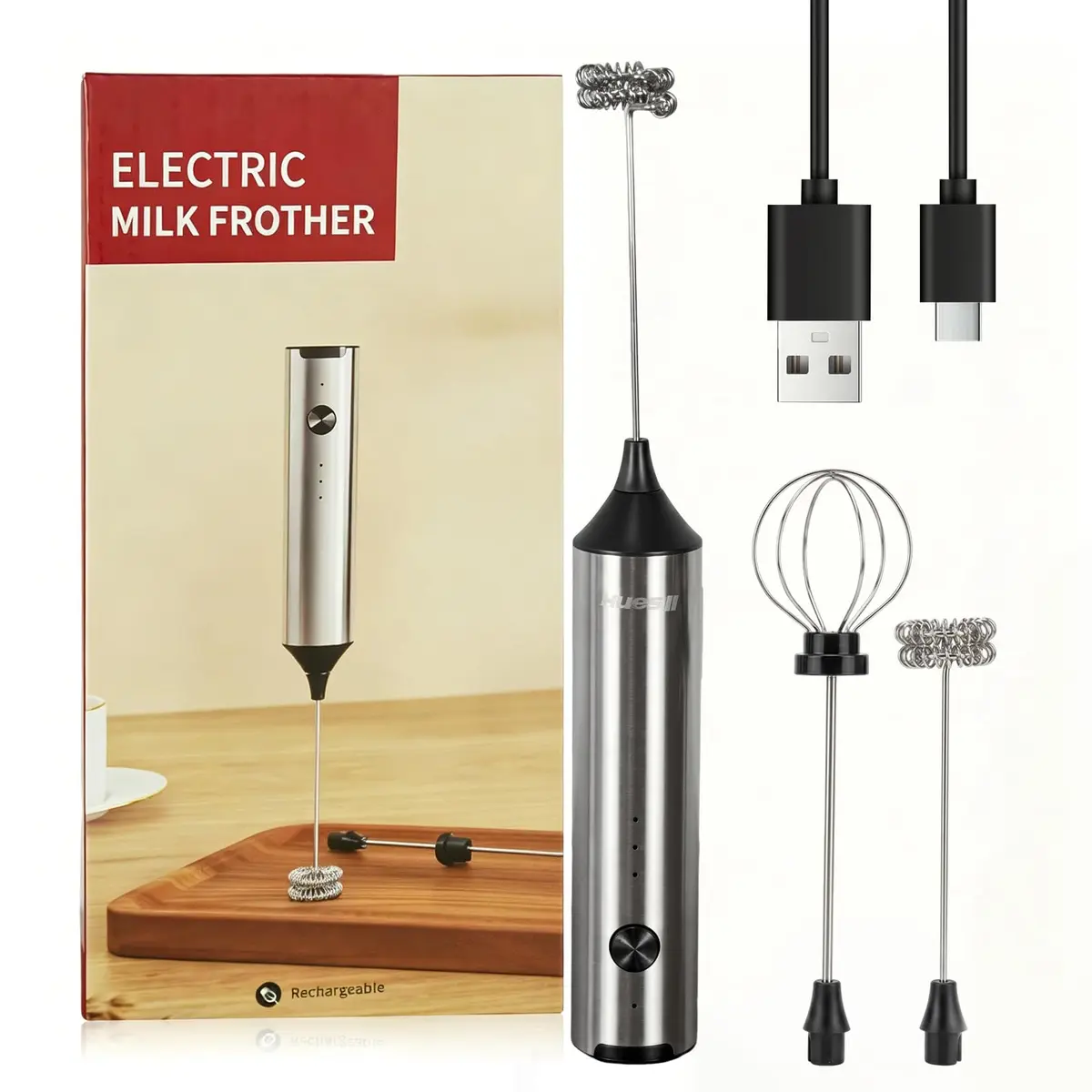 Mini Mixer Portátil Misturador de Bebidas Espumador em Aço Inoxidável com 2 Batedores, USB Recarregável, para Cozinha para Cappuccino, Café, Shakes e Ovos