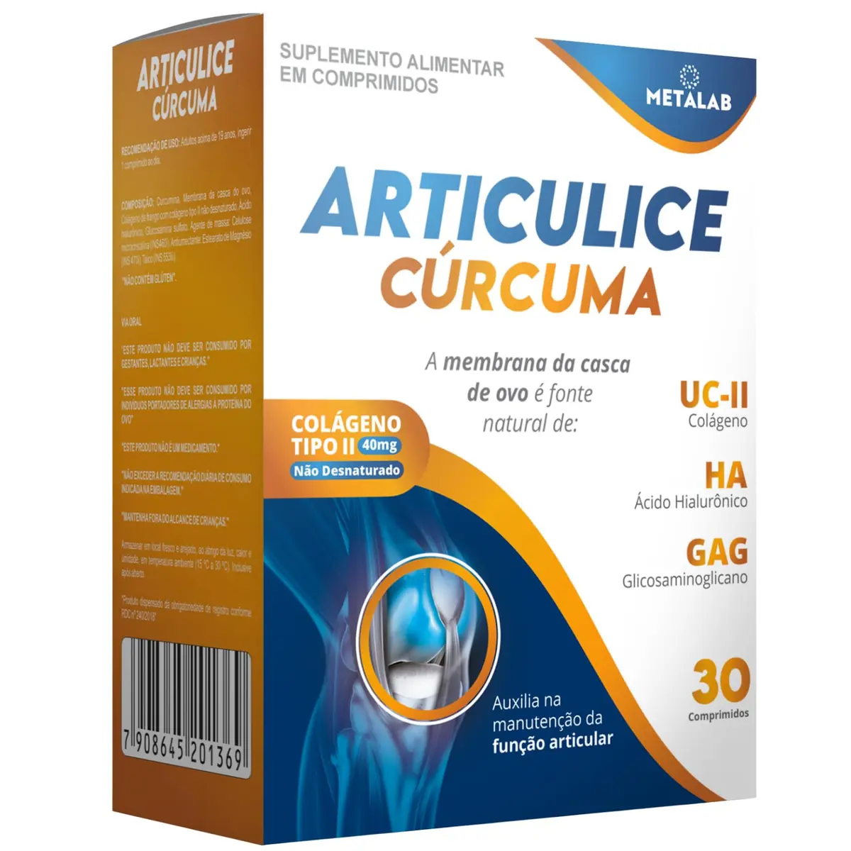 Articulice Curcuma com Glucosaminoglicanos Ácido Hialuronico Colageno Tipo 2 com Curcuma Colageno Suplemento para Articulações Mobilidade e Flexibilidade 30 comprimidos