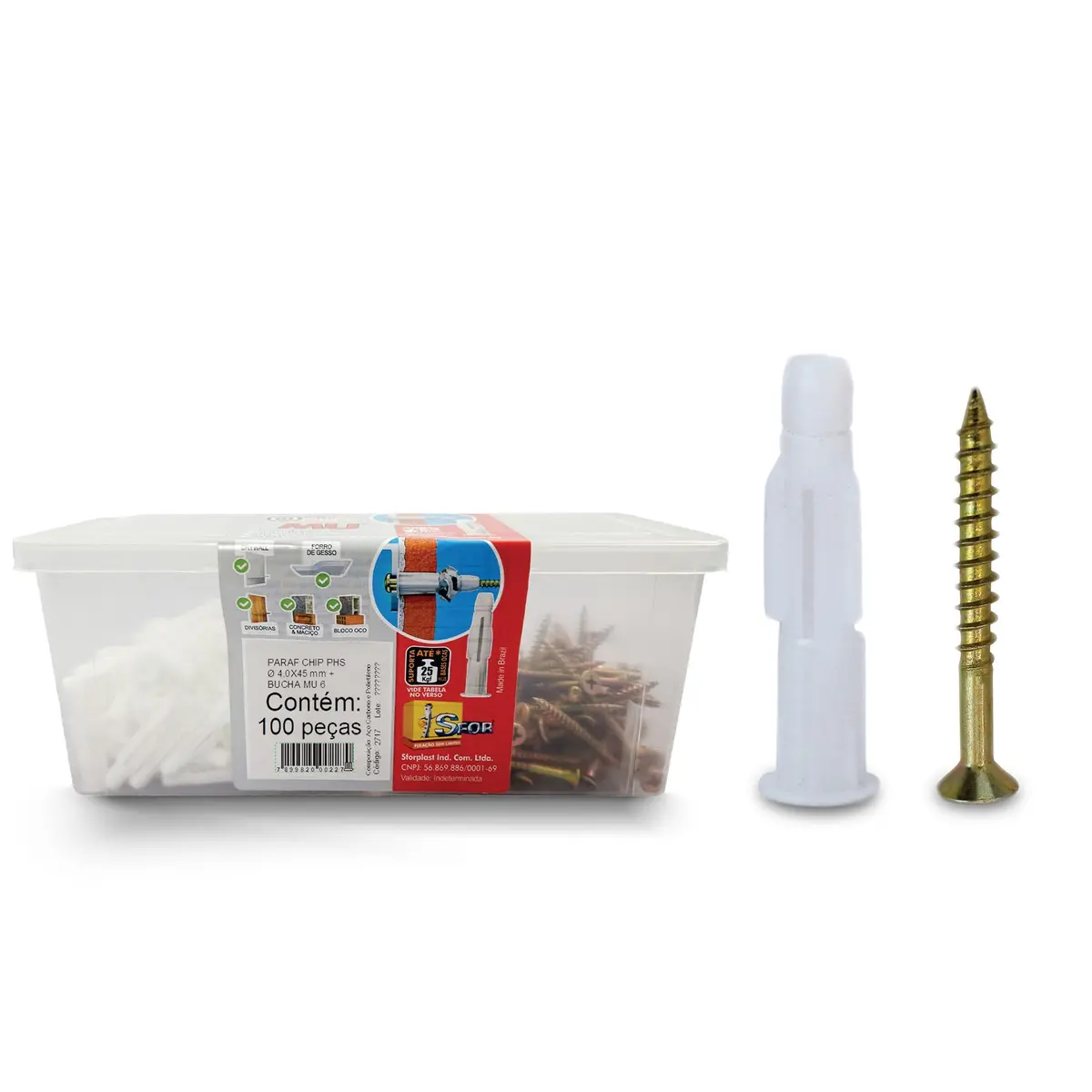 Sfor - Bucha MU 6 com Parafuso Chipboard Phillips 4,0X45 - Kit com 200 Peças (100 Buchas + 100 Parafusos) - Ideal para Fixação Universal em Bloco Oco, Tijolo Maciço, Concreto, Gesso e Drywall